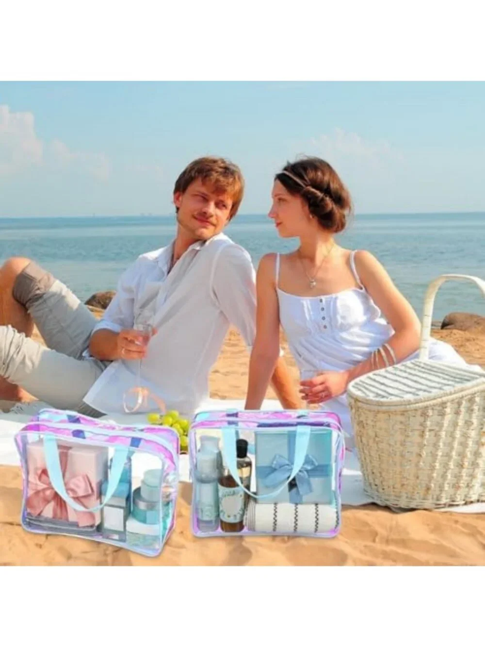 10 Pcs Clear Makeup Bags with Handle - Large Toiletry Organizer, Blue Travel Set